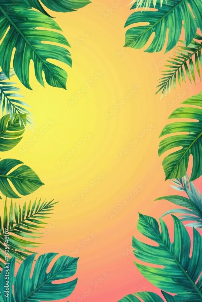 Fototapeta premium Vibrant Tropical Foliage Frame on Warm Yellow and Coral Gradient Background, Ideal for Summer Designs and Promotions