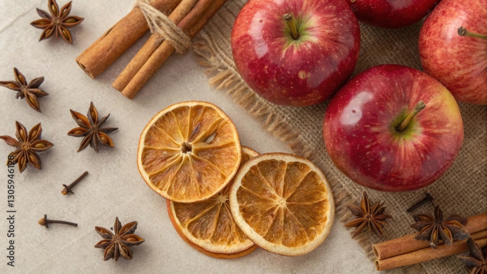 Fototapeta premium Centrepiece table herbs. A stunning autumn-inspired centerpiece table setup with herbs and red apples for DIY decoration. DIY Decoration Idea.