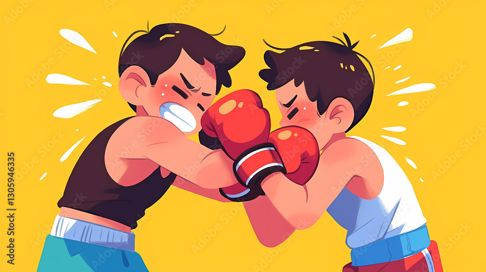 Two animated boys engaged in a friendly boxing match, showcasing determination against a bright background Two animated boys engaged in a friendly boxing match, showcasing determination against a bright background