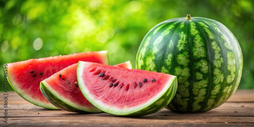 Close up of a juicy watermelon with slices, watermelon, fruit, summer, refreshing, red, green, seeds, organic, healthy, snack Close up of a juicy watermelon with slices, watermelon, fruit, summer, refreshing, red, green, seeds, organic, healthy, snack