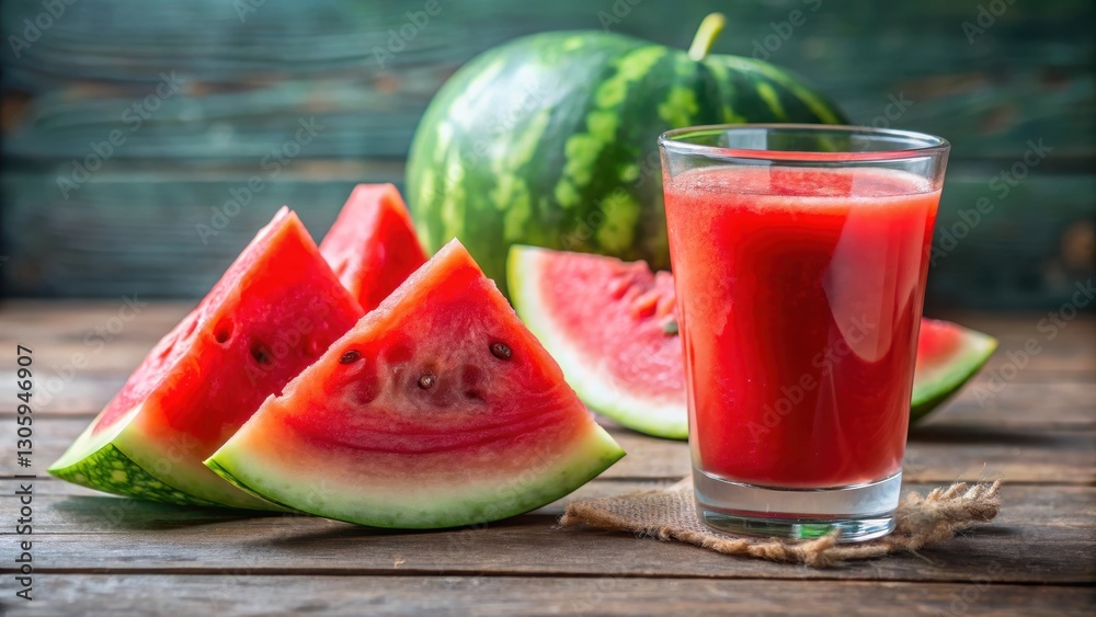 Close up of a juicy watermelon slices with a glass of refreshing watermelon juice, watermelon, juice, fruit, fresh, slices Close up of a juicy watermelon slices with a glass of refreshing watermelon juice, watermelon, juice, fruit, fresh, slices