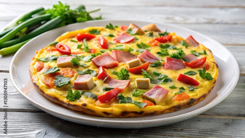 Frittata with colorful vegetables and diced ham on a white plate, frittata, vegetables, ham, breakfast, brunch, delicious Frittata with colorful vegetables and diced ham on a white plate, frittata, vegetables, ham, breakfast, brunch, delicious