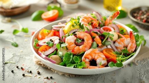 Fresh seafood salad with vibrant greens on a light background