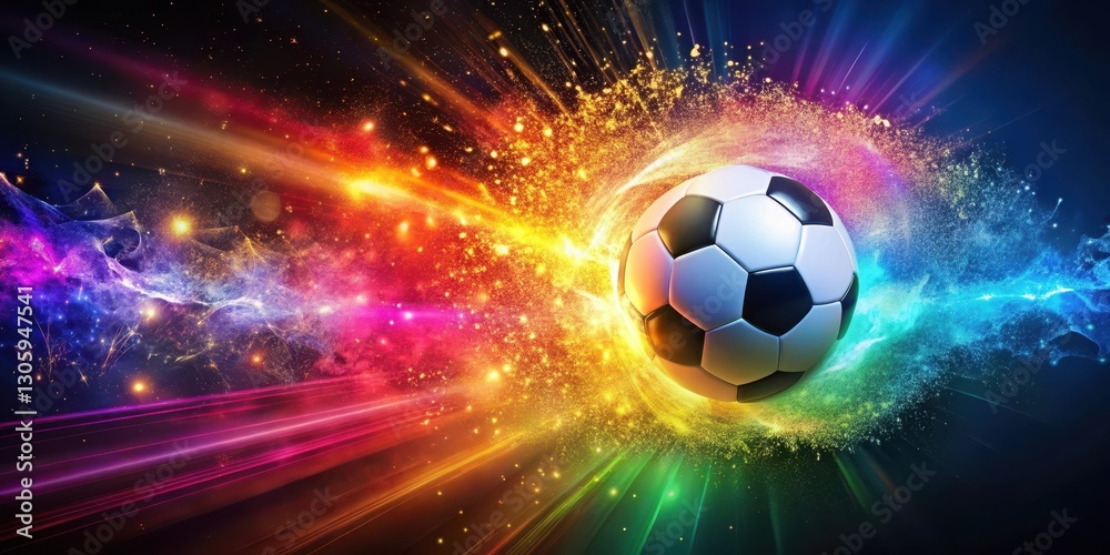 Fototapeta premium A soccer ball explodes in a burst of vibrant colors as sparkling particles radiate outward from its core, leaving a trail of mesmerizing hues behind , kinetic energy, sparkles