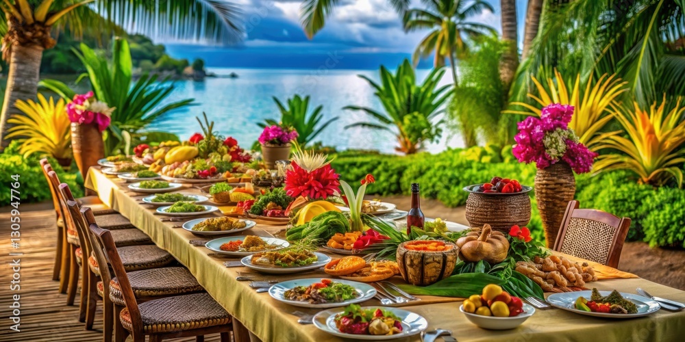 Obraz premium Exotic South Pacific banquet with vibrant tropical decor and delicious island dishes , South Pacific, banquet, exotic