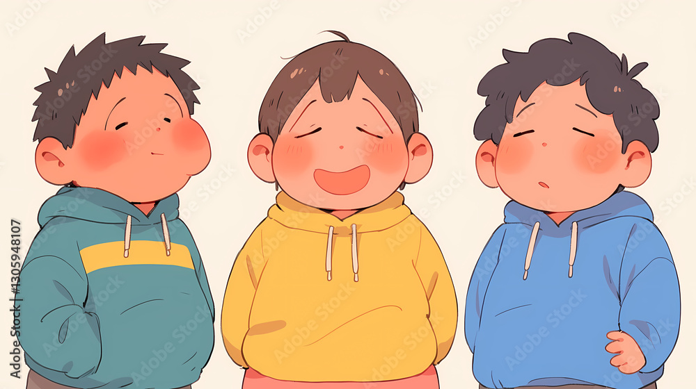Three cheerful children in colorful hoodies share a light-hearted moment against a soft background Three cheerful children in colorful hoodies share a light-hearted moment against a soft background