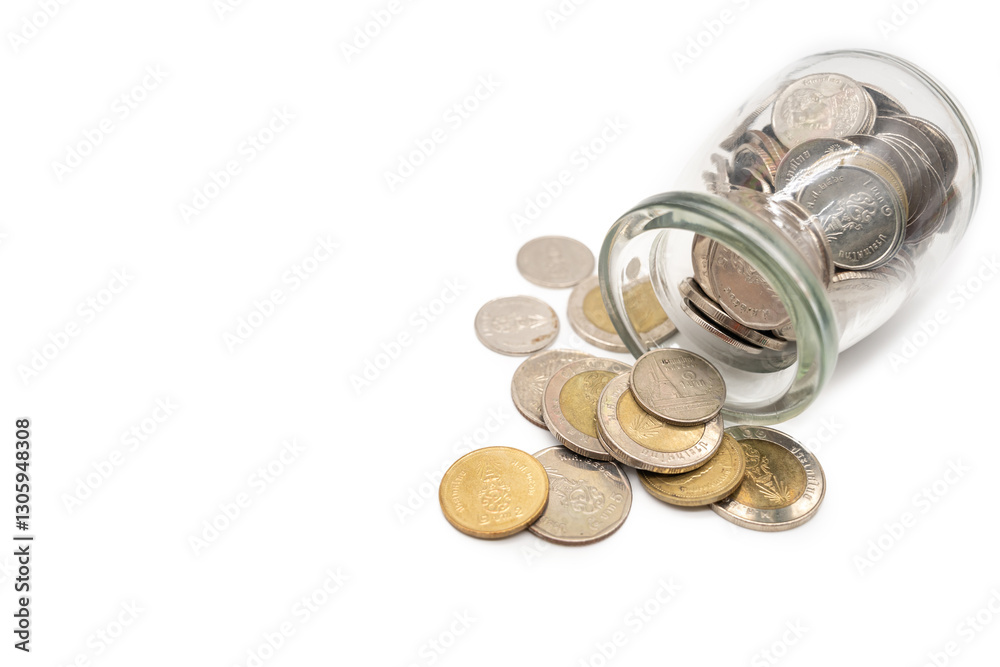 Thai Baht Coins spilled out of jar glass isolated on white background, saving for future, Investment business concept. Thai Baht Coins spilled out of jar glass isolated on white background, saving for future, Investment business concept.
