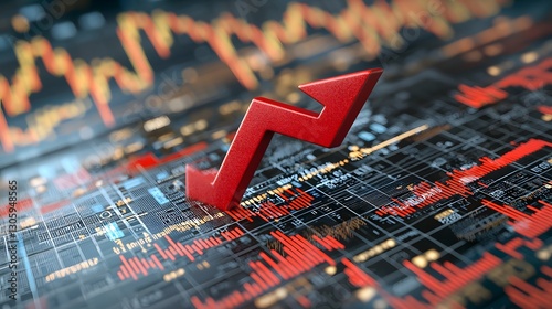 Close up View of a Prominent Red Downward Arrow Pointing Down on a Detailed Financial or Market Chart Representing Economic Decline Financial Crisis or Bearish Trend in the Economy photo