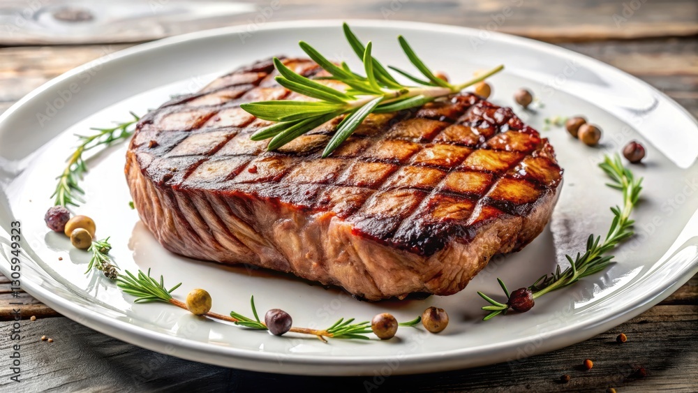 Delicious grilled beef steak with charred grill marks on a white plate , barbecue, meat, juicy, sizzling Delicious grilled beef steak with charred grill marks on a white plate , barbecue, meat, juicy, sizzling