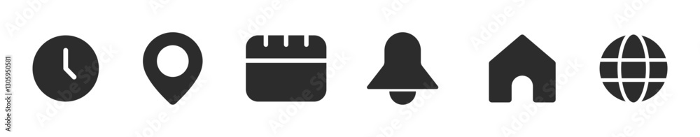 Notification bell, location, date, home and globe and time vector icons Notification bell, location, date, home and globe and time vector icons