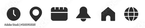 Notification bell, location, date, home and globe and time vector icons