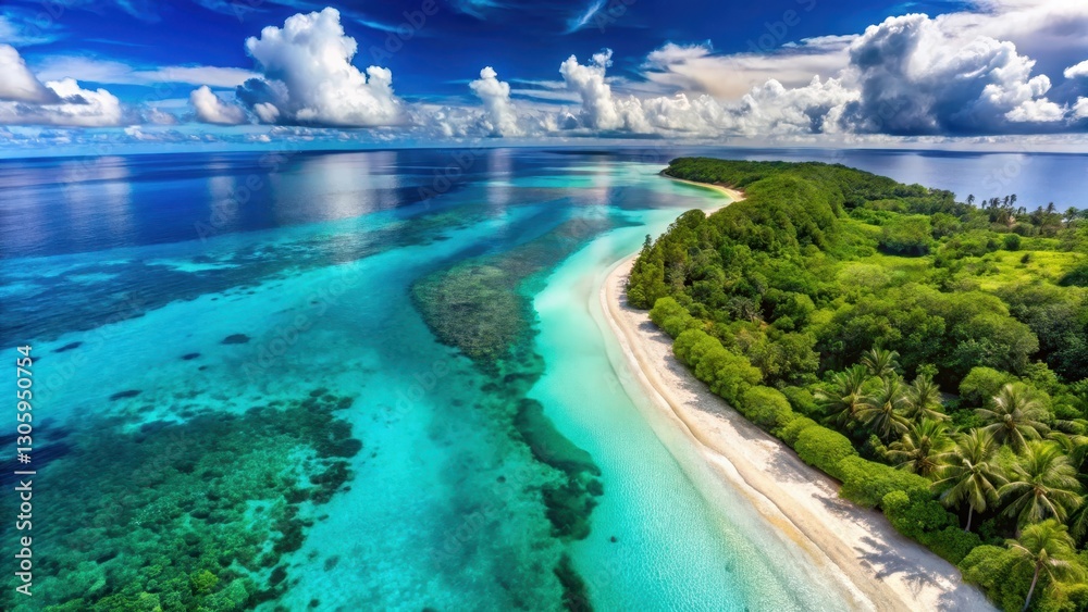 Obraz premium Panoramic aerial view of turquoise ocean and white sandy beaches surrounded by lush greenery and vibrant coral reefs