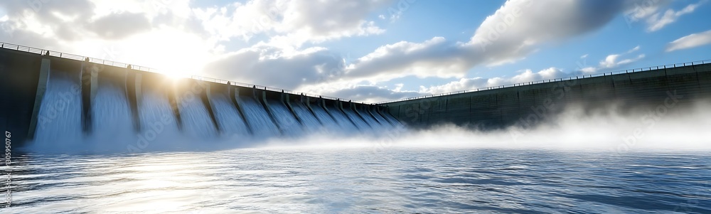 A hydroelectric dam showcasing powerful water flow and energy generation in a captivating image. A hydroelectric dam showcasing powerful water flow and energy generation in a captivating image.