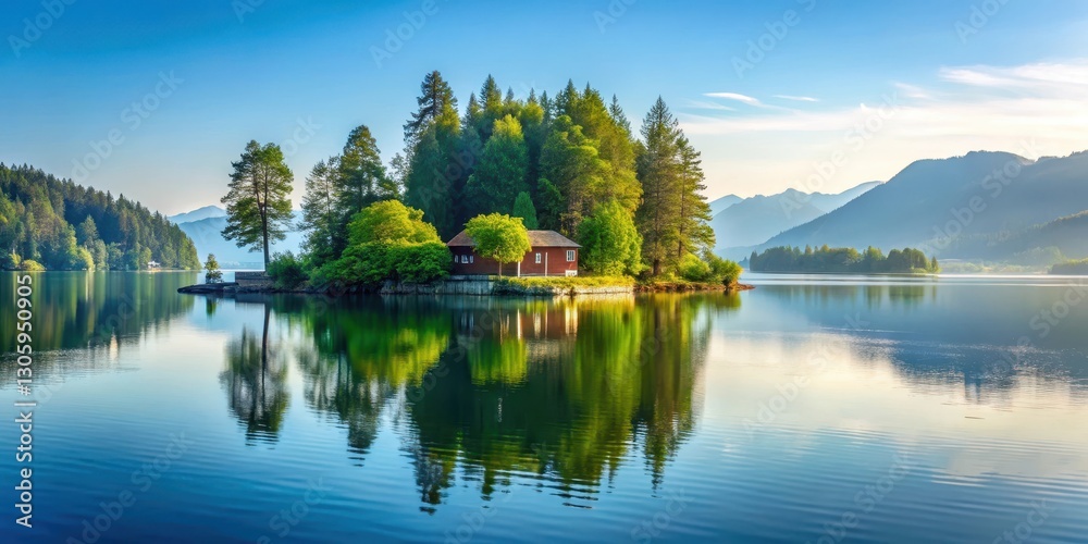 Obraz premium Serene island getaway on a tranquil lake, scenic view, serene landscape
