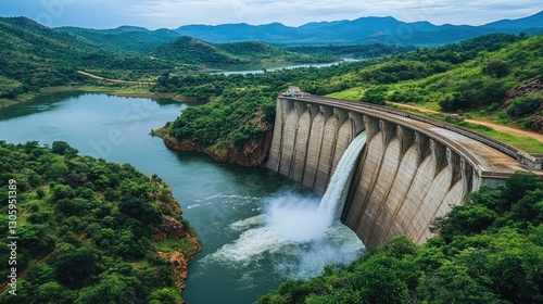 A beautiful dam in a remote, rugged setting, with water cascading over its spillways and green forests enveloping the landscape