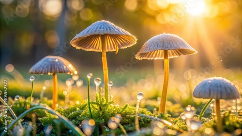 Wallpaper Mural Fungi caps unfolding in morning dew, sunlight, fungal life,  sunlight, fungal life, forest floor, earthy tones, dew drops Torontodigital.ca