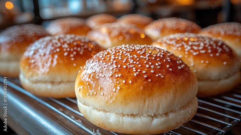 Golden burger buns on cooling rack Golden burger buns on cooling rack