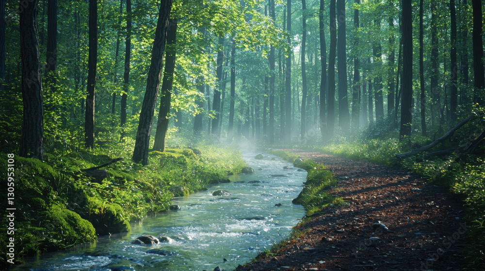 Fototapeta premium Tranquil stream flowing through lush forest nature scene early morning serene environment landscape viewpoint peaceful concept