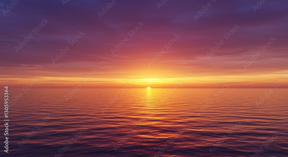 Fototapeta premium Golden Hour Horizon: A breathtaking panorama of a vibrant sunset over the vast ocean. The sky explodes with rich hues of crimson, gold, and violet, reflecting on the shimmering water. The sun.