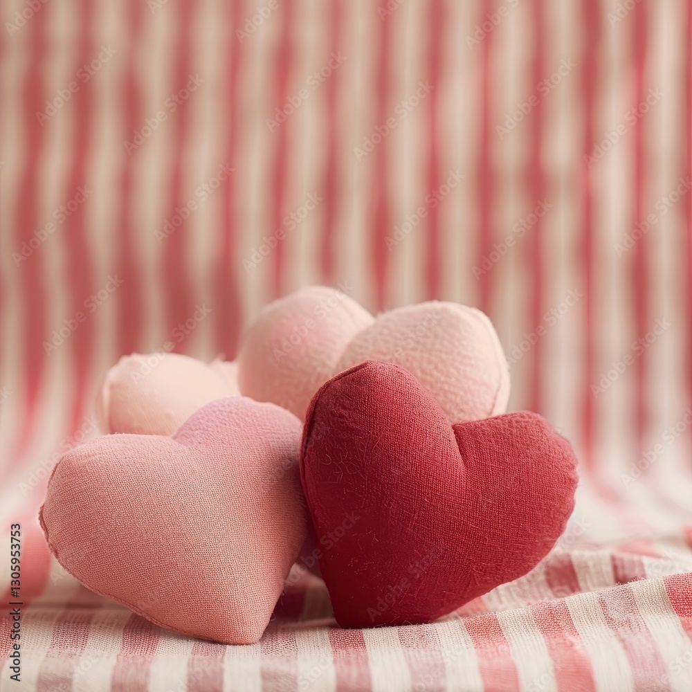 Fototapeta premium Cozy and romantic scene with three plush hearts in pink and red tones on a striped background
