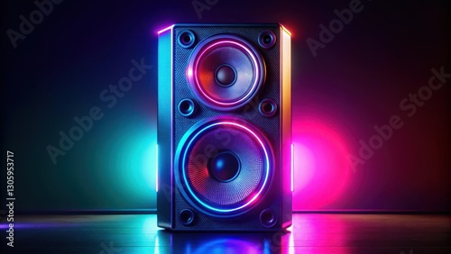 High-tech sound speaker with neon lights against a dark background, emitting vibrant colors and energizing atmosphere, contemporary decor, high-intensity lighting