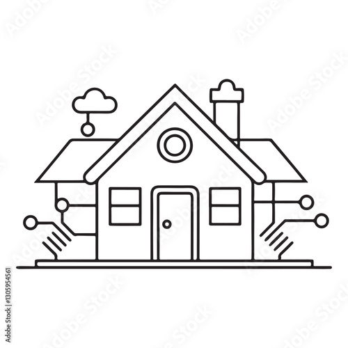 continuous one single black line art doodle drawing of AI-powered smart home automation concept with futuristic UI illustration
