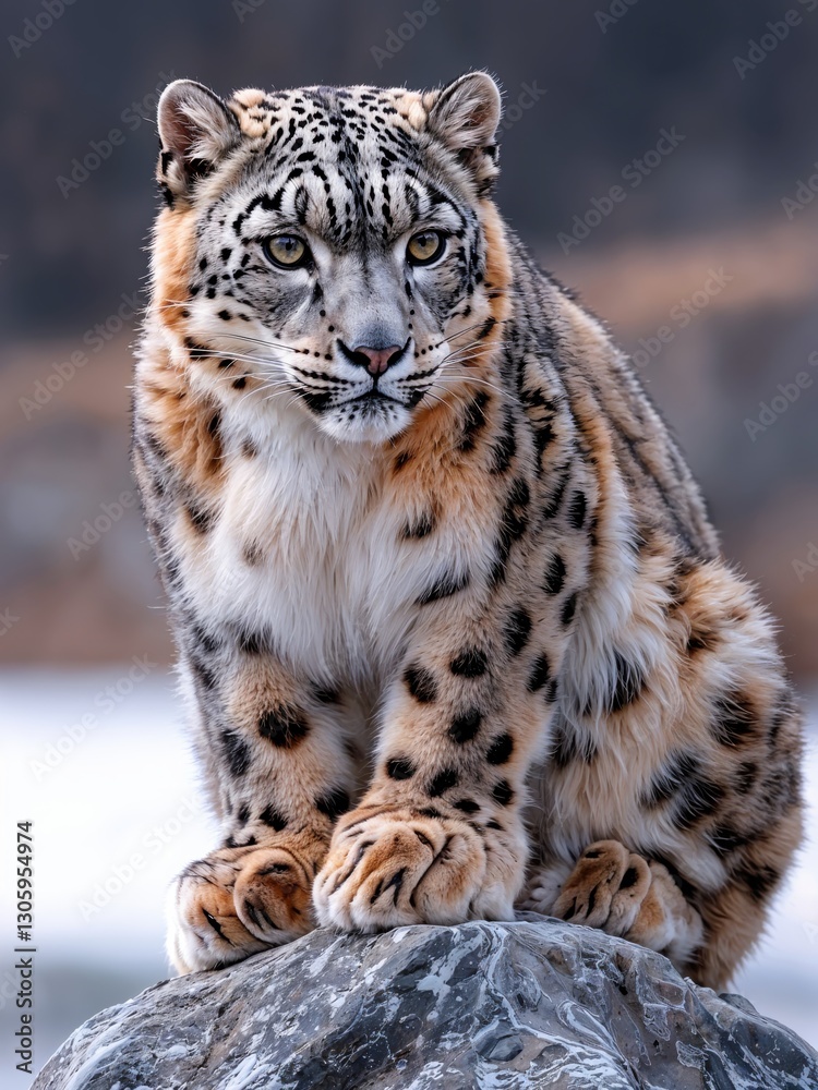 Fototapeta premium A striking snow leopard sits proudly atop a large rock, overlooking its mountainous domain as soft morning light bathes the surroundings in a tranquil glow.