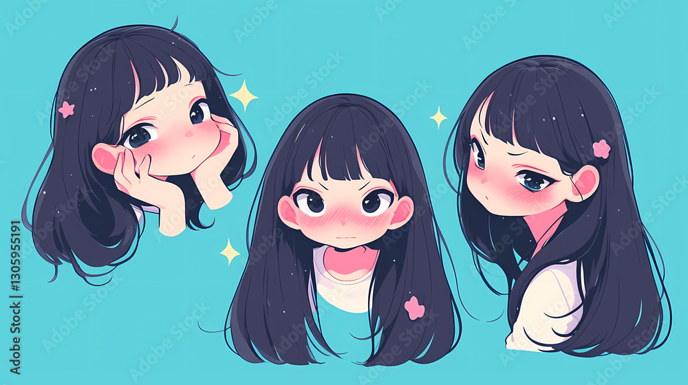 Three expressive illustrations of a girl with long black hair showcasing various emotions against a blue background Three expressive illustrations of a girl with long black hair showcasing various emotions against a blue background