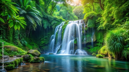 Waterfall surrounded by lush greenery and flowing water amidst a serene natural landscape, greenery, calm,  greenery