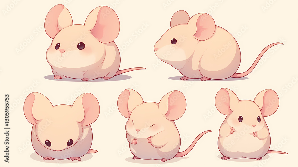 Cute animated mice in various poses, showcasing their playful nature against a soft pastel background Cute animated mice in various poses, showcasing their playful nature against a soft pastel background