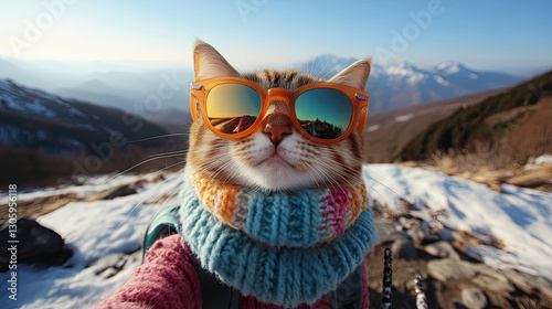 Fisheye lens, a cat wearing snow goggles, a scarf, and fluffy earmuffs. It stands on the snowy ground with a smile, taking a selfie. Behind it is a continuous mountain range. A dog tail grass is stick