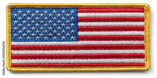 A colorful embroidered patch of the American flag with intricate stitching and thread details on a plain white background, Embroidered design, American flag patch