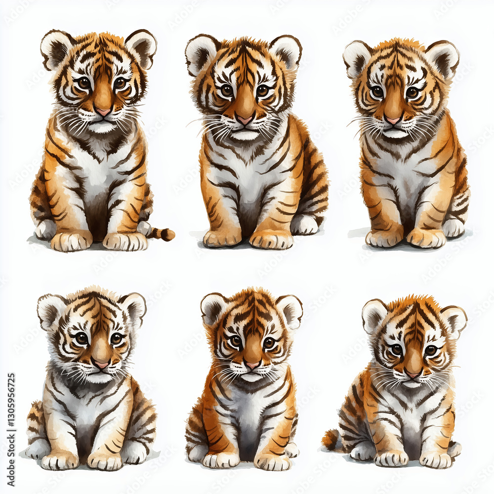 Obraz premium Collection Set of Cute Baby Tiger Cubs Illustration