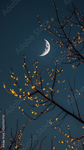 Night sky plum blossoms and moon illustration poster background