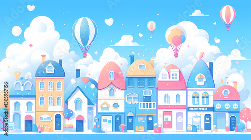 Colorful illustration of whimsical houses with hot air balloons floating in a bright blue sky