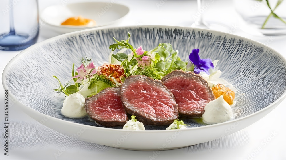 Gourmet Seared Beef Filet with Microgreens and Creamy Sauce Gourmet Seared Beef Filet with Microgreens and Creamy Sauce