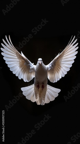 White dove with wide wingspan flying towards viewer on black background