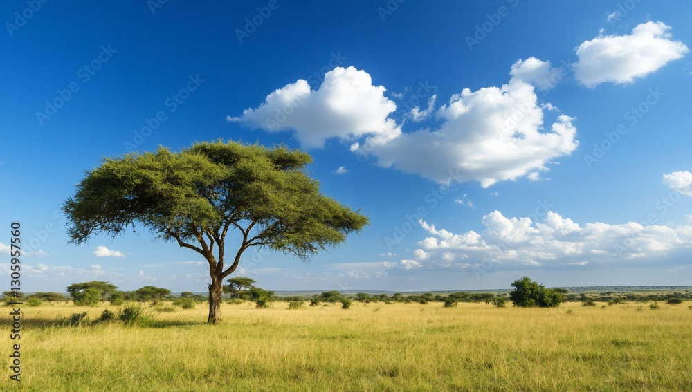 African savanna landscape with lone tree, vast field, sunny sky. Possible use stock photo for nature, travel, or ecology African savanna landscape with lone tree, vast field, sunny sky. Possible use stock photo for nature, travel, or ecology
