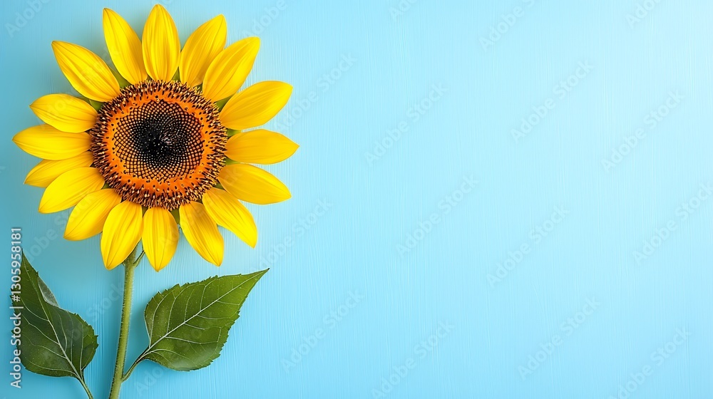 Obraz premium Vibrant Yellow Sunflower on Light Blue Wooden Background