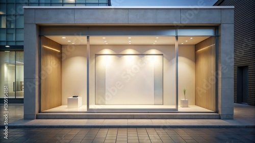 Modern Storefront Window Display, Blank Retail Showcase, Clean Shopfront Design, Product Presentation, High Depth of Field Photography