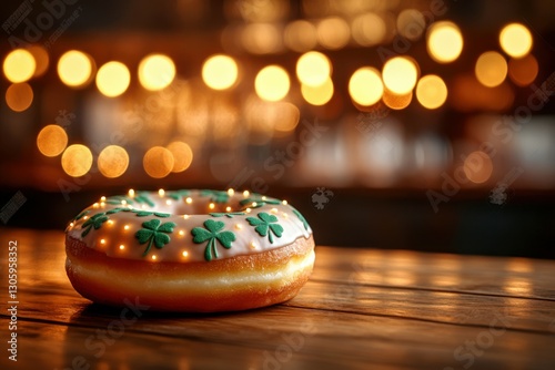 Wallpaper Mural Happy St. Patrickâ€™s Day Background, A wooden table surface, with a shamrock-patterned donut sitting on one side, with a blurred festive Irish pub scene glowing with green  Torontodigital.ca