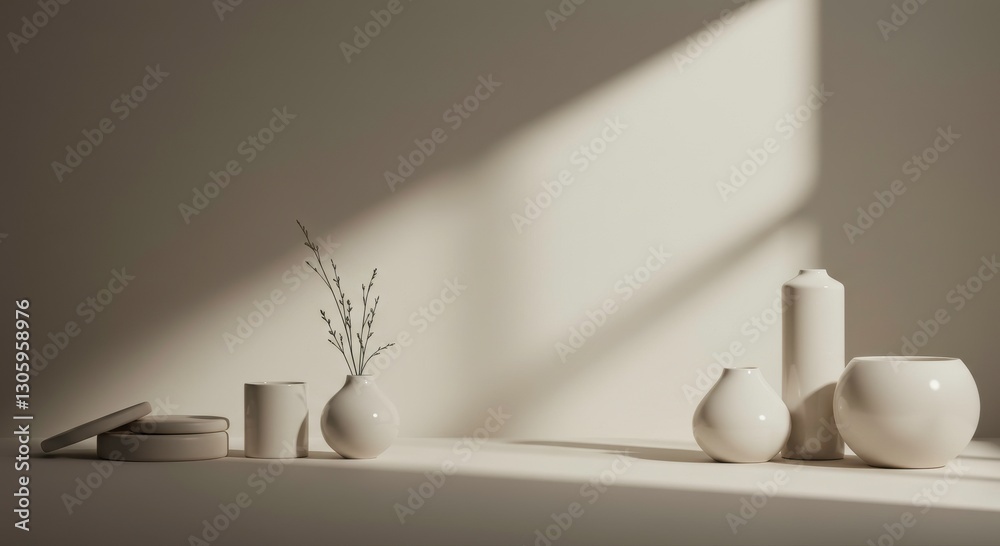 Minimalist still life: A serene and elegant minimalist still life, featuring a curated arrangement of simple, organic shapes in varying textures and forms, casting long.