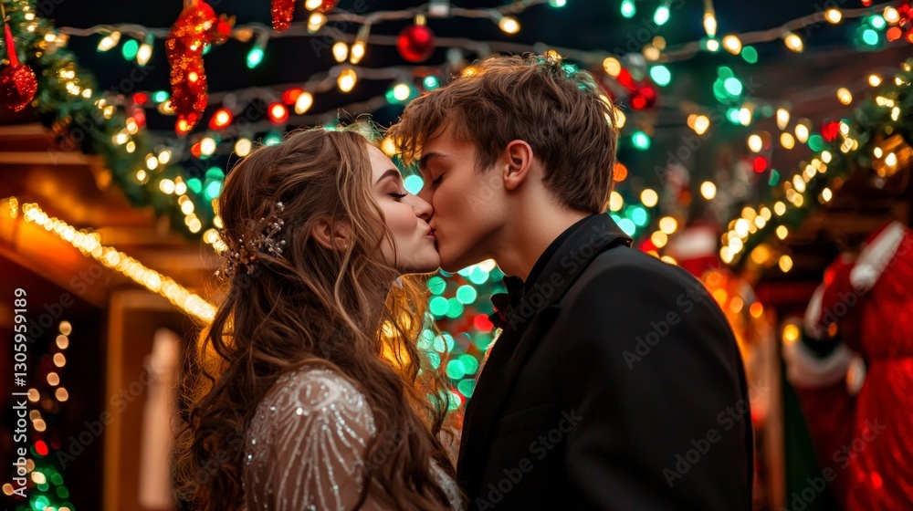 Fototapeta premium Romantic New Year s Eve Kiss Under Festive Lights
