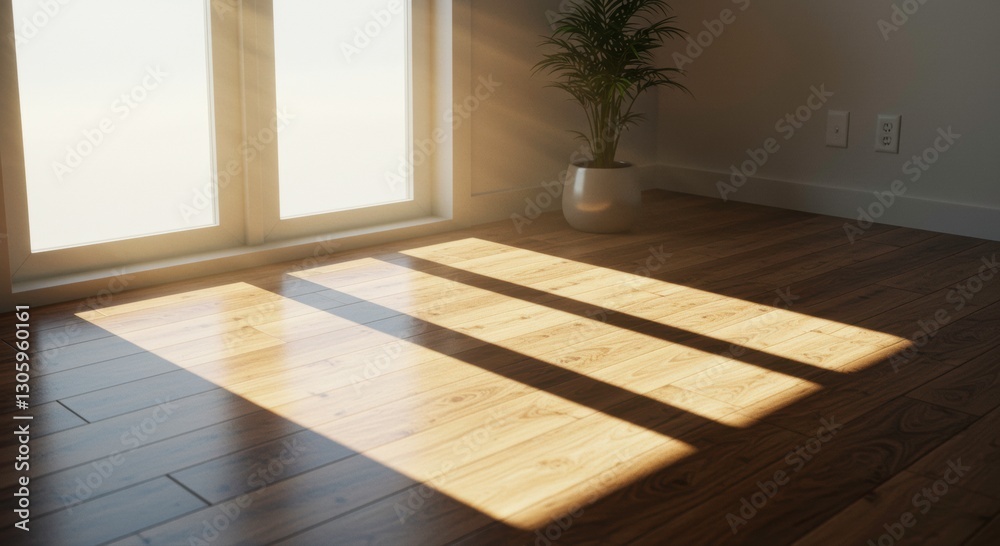 Fototapeta premium Indoor Serenity: Rays of sunlight stream through a large window, illuminating a wooden floor with elongated sunbeams, complemented by a potted plant, creating a sense of peace and tranquility indoors.