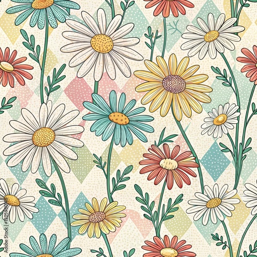 Seamless Floral Pattern Design Nature Digital Art Vibrant Colors Top View Aesthetic Appeal