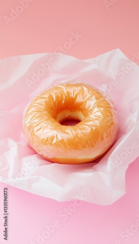 Donut ring fried bread on white paper wrap food with pink background
