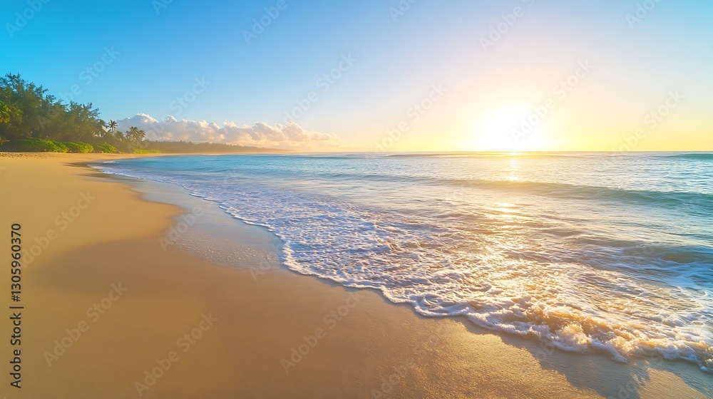 A serene tropical beach at sunrise with golden sands, perfect for relaxation and escape. A serene tropical beach at sunrise with golden sands, perfect for relaxation and escape.