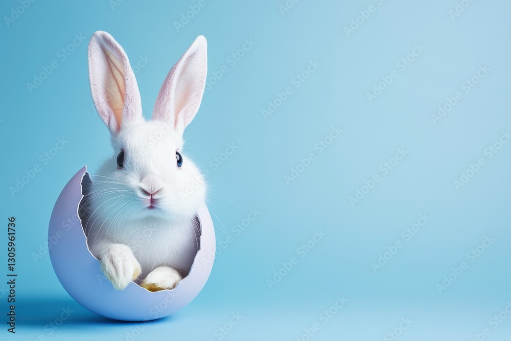 Obraz premium Happy Easter Sunday background, A white rabbit curiously peeking from behind an Easter egg-shaped hole in a solid blue lavender background, with only its ears and tiny paws visible