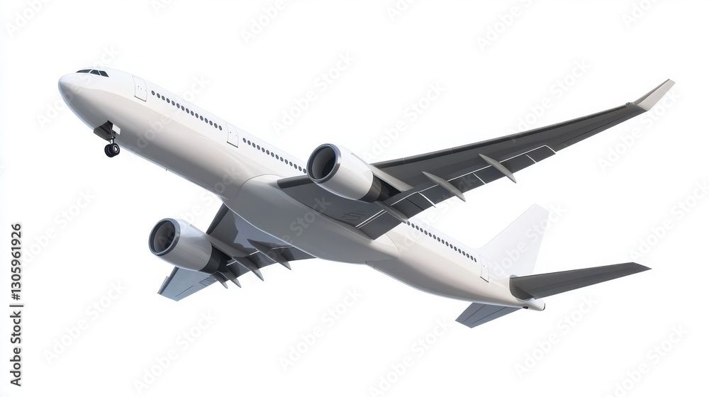 White commercial airplane in dynamic ascent isolated on white, travel concept. White commercial airplane in dynamic ascent isolated on white, travel concept.