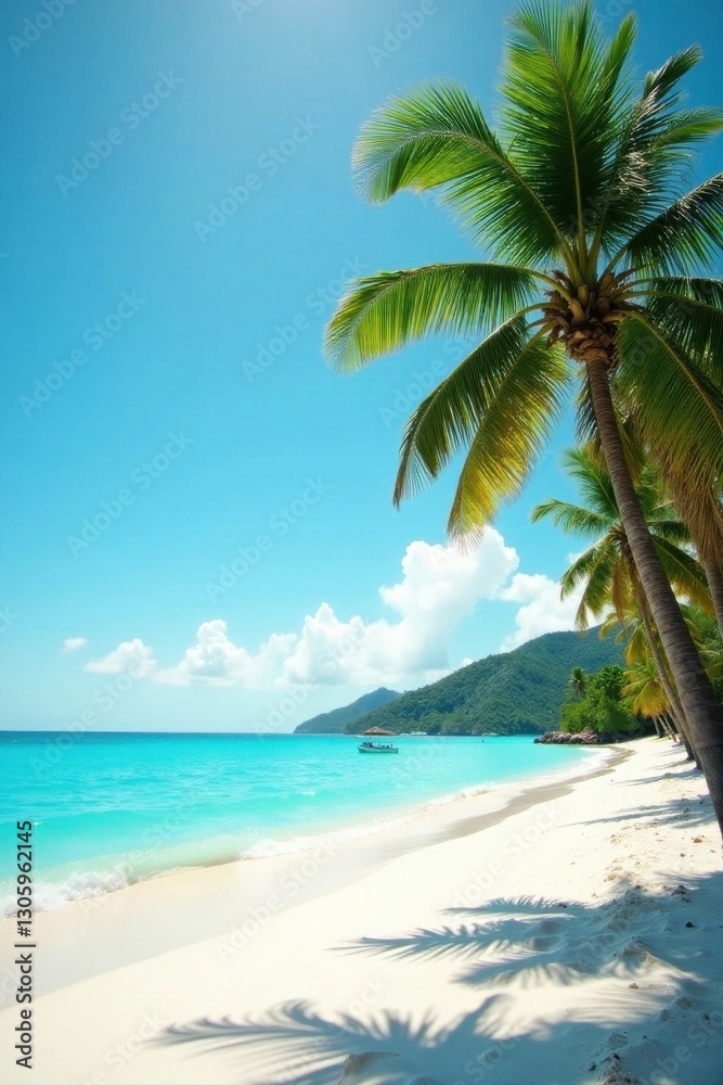 Fototapeta premium Serene tropical beach scene with palm trees casting shadows on pristine white sand, turquoise water, and a small boat gently gliding on the horizon under a brilliant sunny sky.